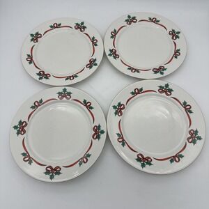 4‎ Jamestown China Dinner 10" Plates Christmas Ribbons Holly Gold Trim